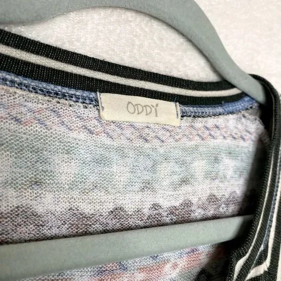 Oddy Striped Long Raglan Sleeve Sweater Top Pullover Geometric Green White - Picture 3 of 11